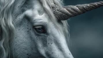 Majestic unicorn with intricate horn details stands in a mystical, foggy environment during twilight hours photo