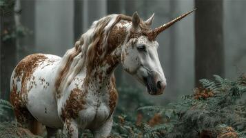 Majestic unicorn standing in a misty forest surrounded by ferns and trees at dawn photo