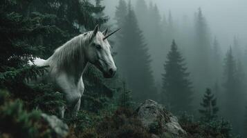 Majestic unicorn standing amidst misty forest trees in early morning light photo