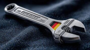 Adjustable wrench resting on textured fabric in a workshop setting showcasing its precision and craftsmanship details photo