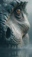 Majestic dinosaur close-up featuring textured skin and piercing gaze in a misty environment photo