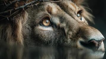 Close-up of a lion gazing intensely at its surroundings in a serene natural environment during the golden hour of dusk photo