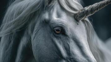 Majestic unicorn with flowing mane in a mystical forest setting during twilight hours photo