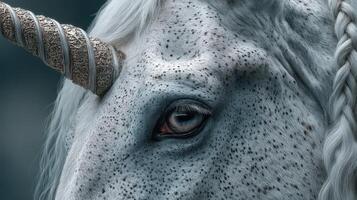 Majestic unicorn with intricate horn detail and expressive eyes observed in a mystical forest setting during twilight photo