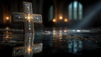 Decorative cross rests on water in an ancient, dimly lit religious space during twilight hours photo