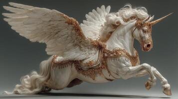 Majestic winged unicorn galloping through a mystical landscape in the enchanted realm photo