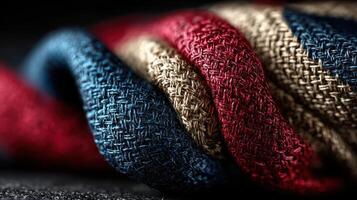 Textured fabric display showcasing vibrant red, blue, and beige patterns in close-up under soft lighting photo