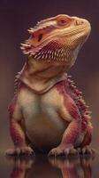 Bearded dragon positioned calmly against a soft gradient background in a detailed close-up depicting unique skin texture and coloration photo