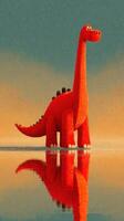 Bright red dinosaur stands on calm water during sunset with vibrant reflections and a colorful sky photo