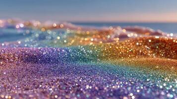 Colorful glitter spread over a soft surface at sunset by the ocean shore with shimmering details photo