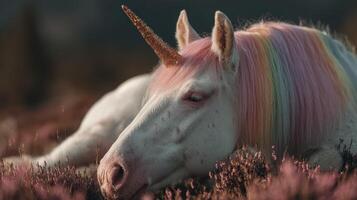 Mystical unicorn resting in a colorful meadow during twilight photo