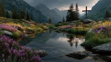 Majestic mountain landscape with vibrant flowers and tranquil stream during overcast afternoon photo