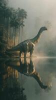 Dinosaur stands majestically by a misty lake in a lush prehistoric landscape during early morning hours photo