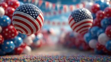 Decorative elements featuring red, white, and blue balloons during a festive celebration photo