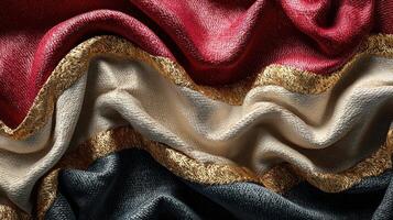Textured fabric with rich colors and gold trim draped artistically creating a stunning visual display photo