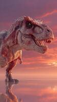 Dinosaur stands majestically against a vibrant sunset reflecting on calm waters photo