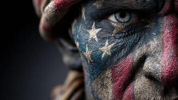 Portrait of a warrior with patriotic face paint showcasing American flags and stars photo
