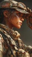 Soldier salutes while wearing military uniform in a dusty environment during a training exercise photo