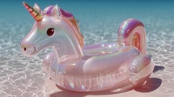 Bright unicorn float rests on sandy beach under clear blue sky with sparkling water during sunny summer day photo