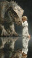 Child interacts with a dinosaur in a whimsical encounter at an imaginary prehistoric setting photo