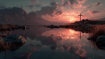 Sunset reflection over a serene lake with a cross and mountainous backdrop near a tranquil landscape photo