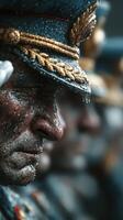 Ceremonial military officers stand in formation during a rainy parade in a city square, displaying solemn expressions and honor photo