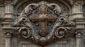 Intricate stone cross decorates a historic building in a vibrant city photo
