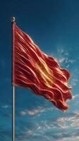 Vibrant flag waving gracefully against a clear blue sky during a sunny day in an open area photo
