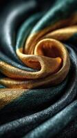 Elegant silk fabric showcasing intricate swirl patterns in rich green and gold hues photo