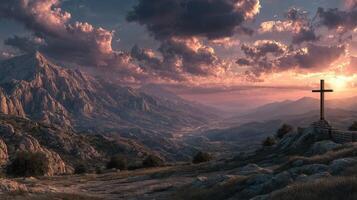 Sunset over mountainous landscape with a prominent cross during an autumn evening photo