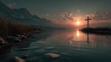 Serene sunset over a tranquil lake with mountain backdrop and wooden cross photo