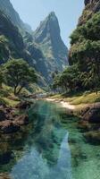 Lush tropical landscape with clear water and towering mountains amidst serene clouds during midday photo