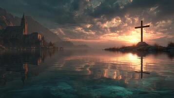 Sunset reflection over lake featuring a cross and an ancient church in a serene landscape photo