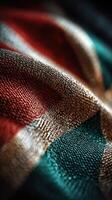 Textured fabric with vibrant colors in rich detail showcasing weaving patterns and sheen photo