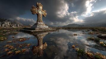 Intricate cross monument reflects in serene water under a dramatic sky in a tranquil landscape during late afternoon photo