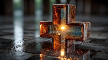 Abstract glass cross sculpture reflecting light on dark tiled floor in an artistic space photo