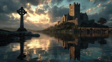 Castle reflection in calm water at sunset near ancient Celtic cross in a serene landscape photo