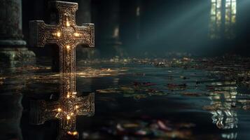 Stunning illuminated cross reflecting in water in a mystical, abandoned setting with fallen leaves at dawn photo