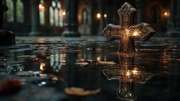 Intricate cross illuminated by warm light in a mysterious, abandoned location embellished with fallen leaves photo
