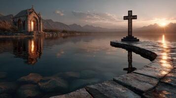 Sunset over serene lake with ancient structure and cross near mountains photo