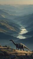 Large dinosaur wandering through a misty valley at dawn with mountains and a river in the background photo