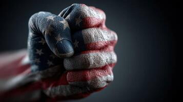 Fisted hand painted with American flag colors symbolizing strength and unity during a national celebration photo