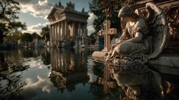 Angelic statue beside tranquil water reflects historical architecture at sunset in a serene cemetery photo