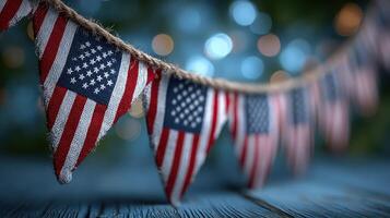 Celebration decorations with American flags hang on twine against a blurred backdrop of festive lights in the evening photo