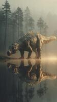 Majestic dinosaur wandering near a tranquil lake in early morning mist among towering trees photo