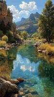 Clear blue river flows through rocky terrain under a bright sky in a mountainous landscape during autumn photo
