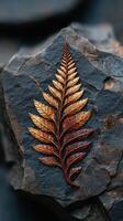 Intricate golden fern leaves displayed against a textured dark stone background with natural variations photo