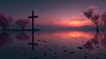 Beautiful sunset reflecting over a serene lake with a cross and silhouettes of trees on the shore photo