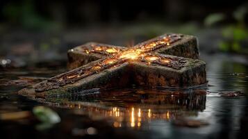 Cross embedded in peaceful water reflects the beauty of nature and artistry during golden hour photo