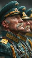 Soldiers in historic military uniforms stand with pride during a parade on a rainy day in the city square photo